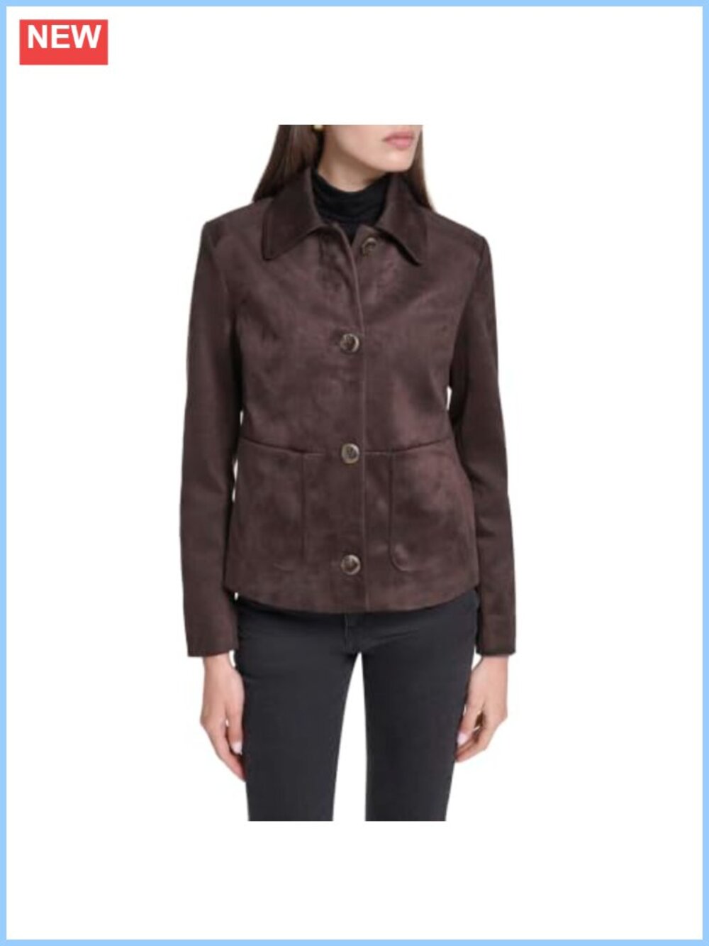 Faux Suede Embossed Trucker Jacket Button Front Lined Casual